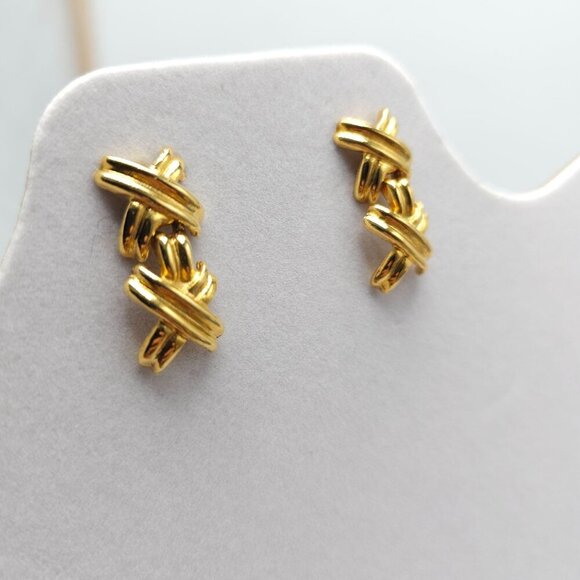 Gold-Tone Criss Cross Drop Earrings With Post Backs Vintage - Picture 2 of 4